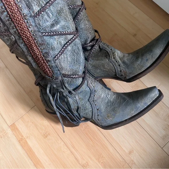 Corral Distressed Gray-Brown Leather Fringe Western Heeled Boots - Picture 5 of 13